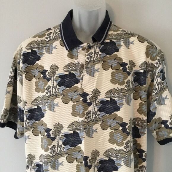Bugle Boy Men’s Polo Shirt Cream Colored With Blue & Khaki Tropical Print Size L - Picture 2 of 6